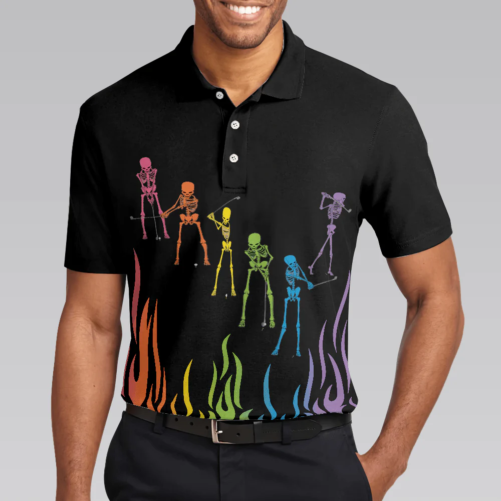 Men Golf Polo Shirt - Skeleton Playing Golf Polo Shirt, Rainbow Pallette Fire Golfing Polo Shirt, Cool Golf Shirt For Men - Perfect Gift For Men, Golfers - Image 4