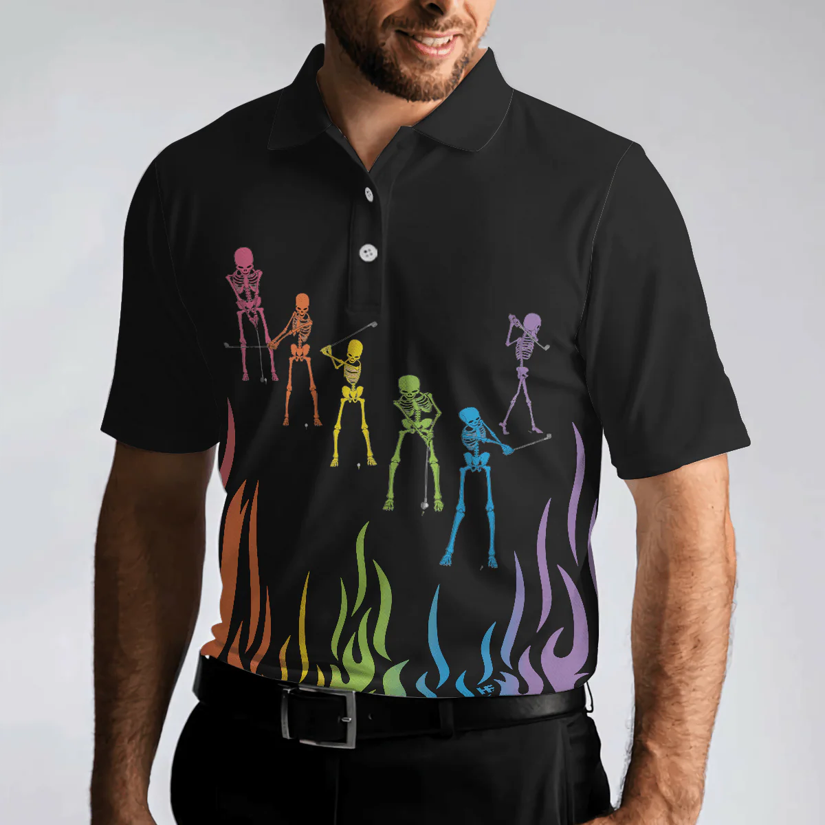 Men Golf Polo Shirt - Skeleton Playing Golf Polo Shirt, Rainbow Pallette Fire Golfing Polo Shirt, Cool Golf Shirt For Men - Perfect Gift For Men, Golfers - Image 5