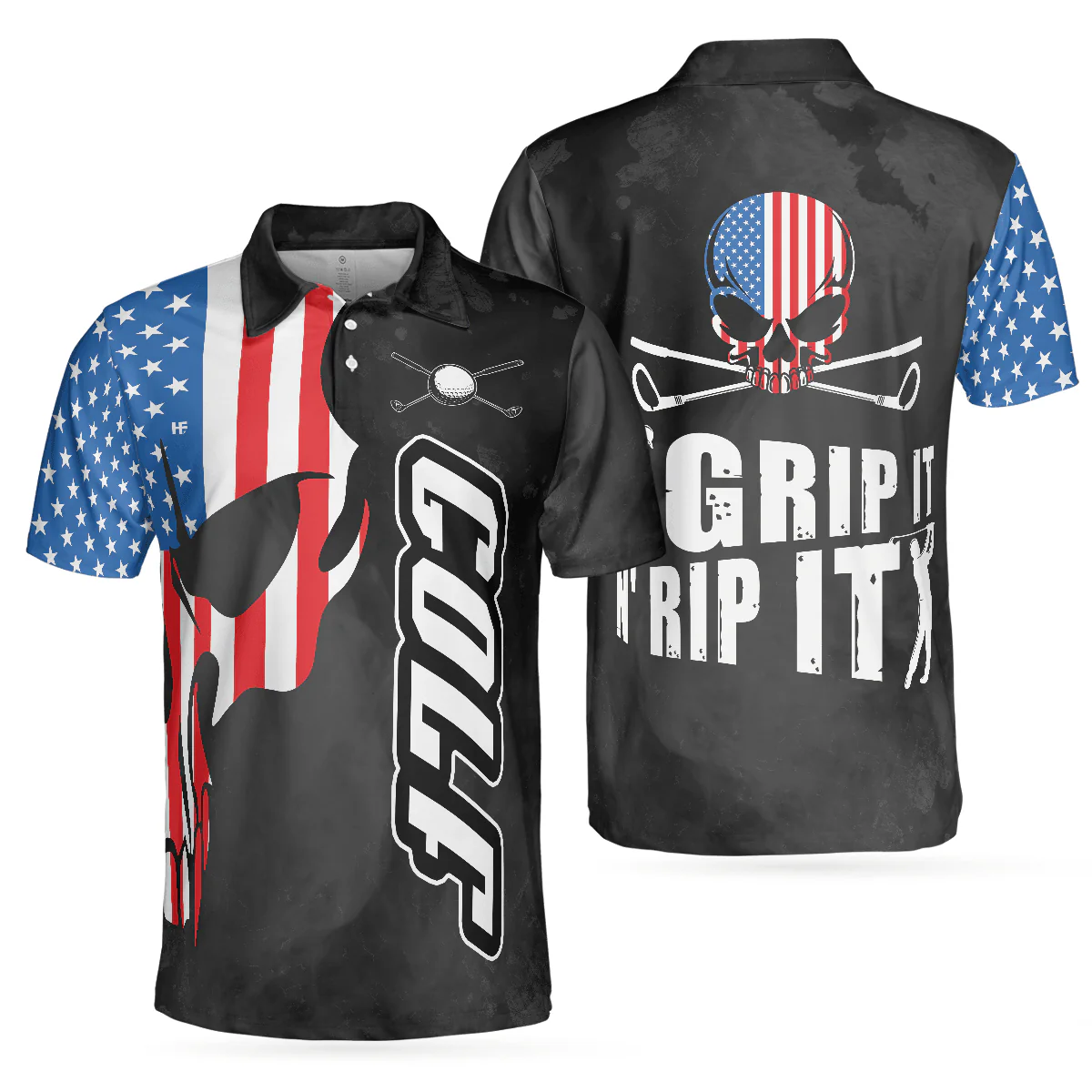 Men Golf Polo Shirt - Skull American Flag Men Polo Shirt, Grip It N' Rip It Skull Golf With American Flag Golf Polo Shirt, Cool Golf Shirt For Men
