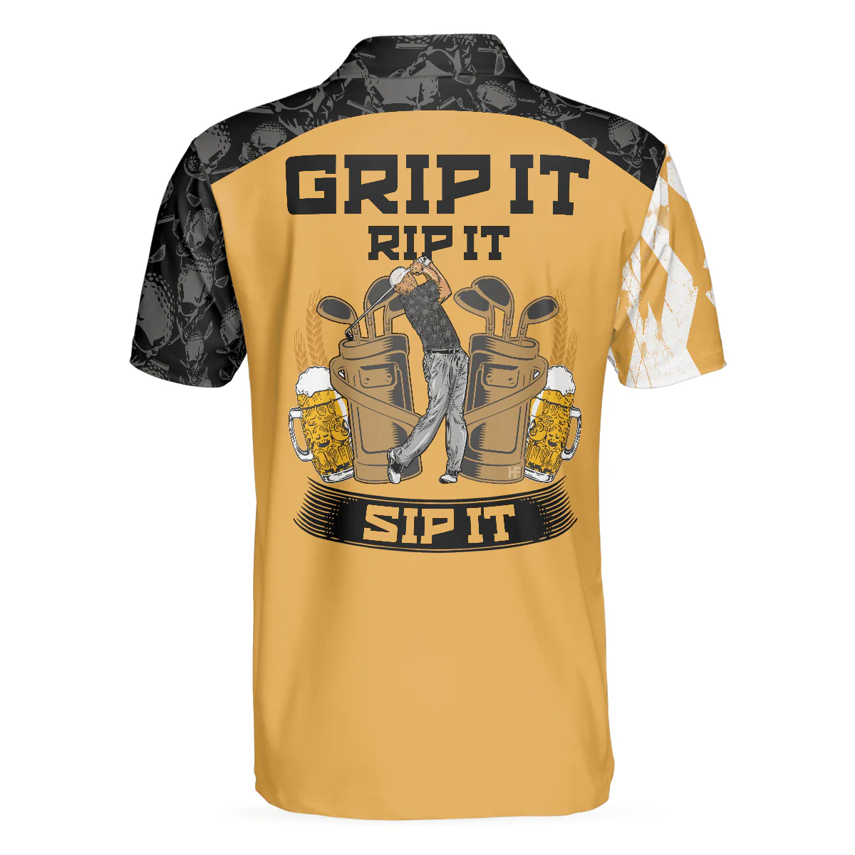 Men Golf Polo Shirt - Skull And Yellow Argyle Pattern Golf Polo Shirt, Grip It Rip It Sip It , Skull Golf Golf Polo Shirt For Men, Golfers - Image 2