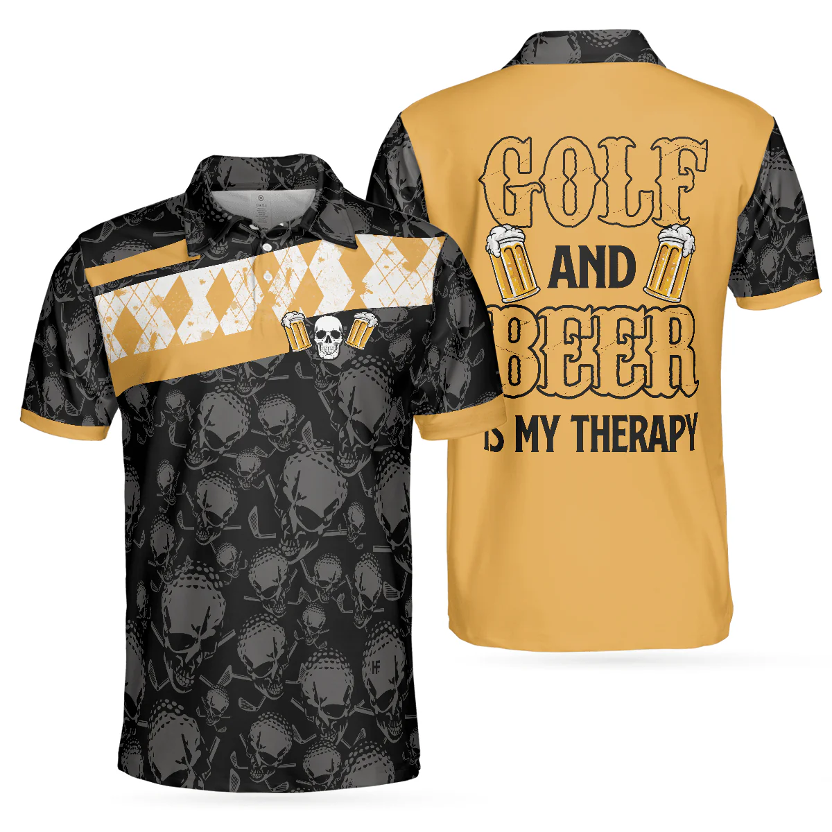 Men Golf Polo Shirt - Skull Beer Drinking Golf Men Polo Shirt, Golf & Beer Is My Therapy Shirt Design, Best Golf Shirt For Male Golfers