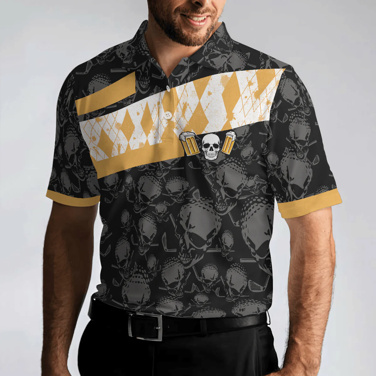 Men Golf Polo Shirt - Skull Beer Drinking Golf Men Polo Shirt, Golf & Beer Is My Therapy Shirt Design, Best Golf Shirt For Male Golfers - Image 5