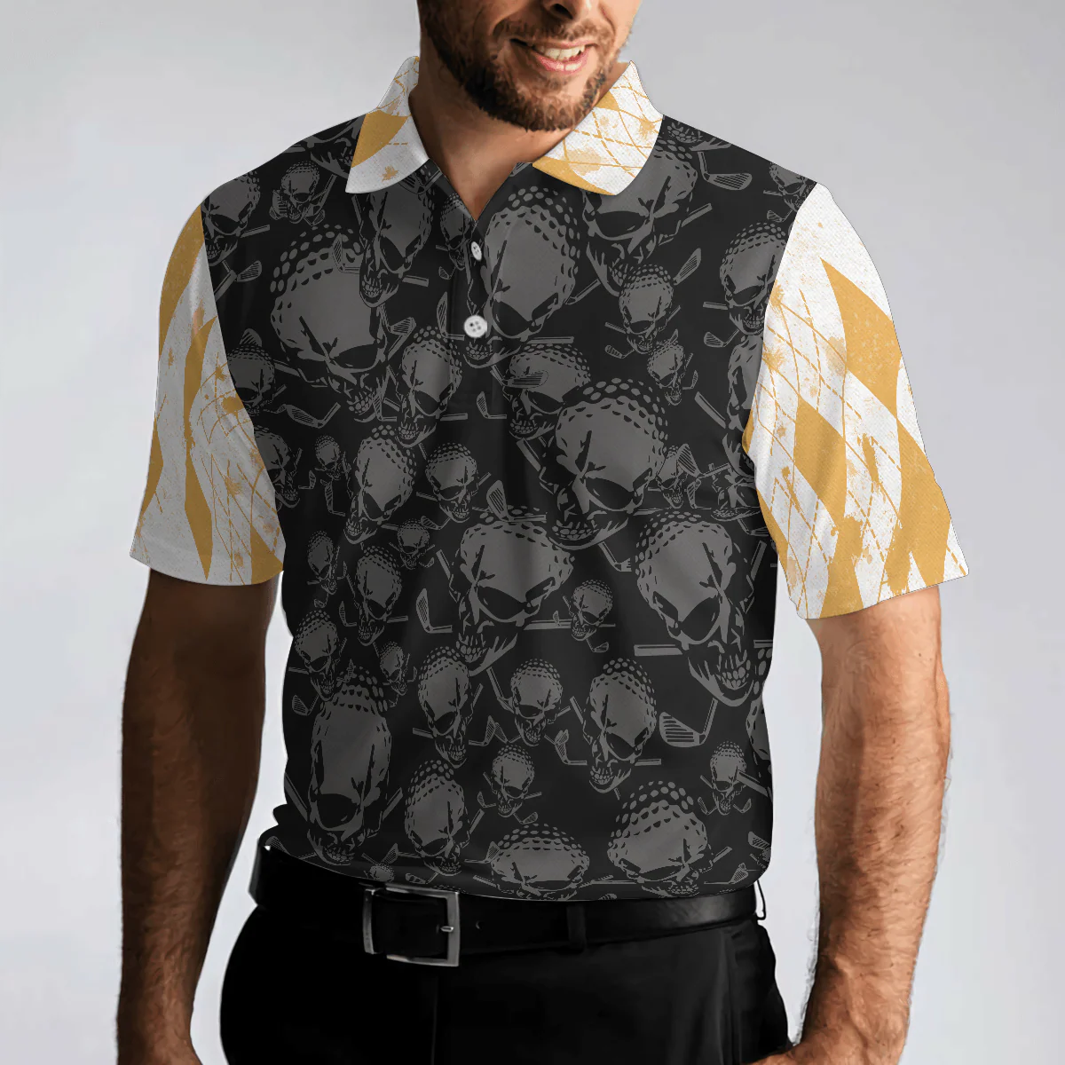 Men Golf Polo Shirt - Skull Cool Drinking Golf Men Polo Shirt, Golf & Beer That Is Why I Am Here Skull Polo Shirt, Best Golf Shirt Design For Beer Lovers - Image 4