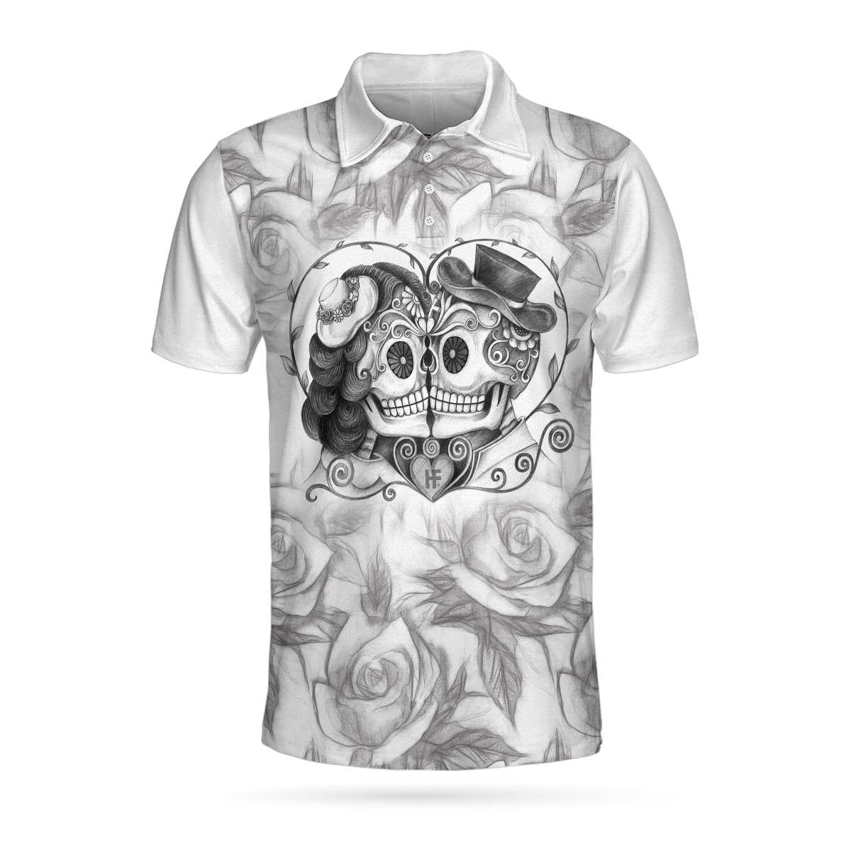 Men Golf Polo Shirt -  Sugar Skull Drawing Love Polo Shirt, Skull Couple Rose Pattern Pencil Sketching Polo Shirt For Men - Perfect Gift For Men - Image 2
