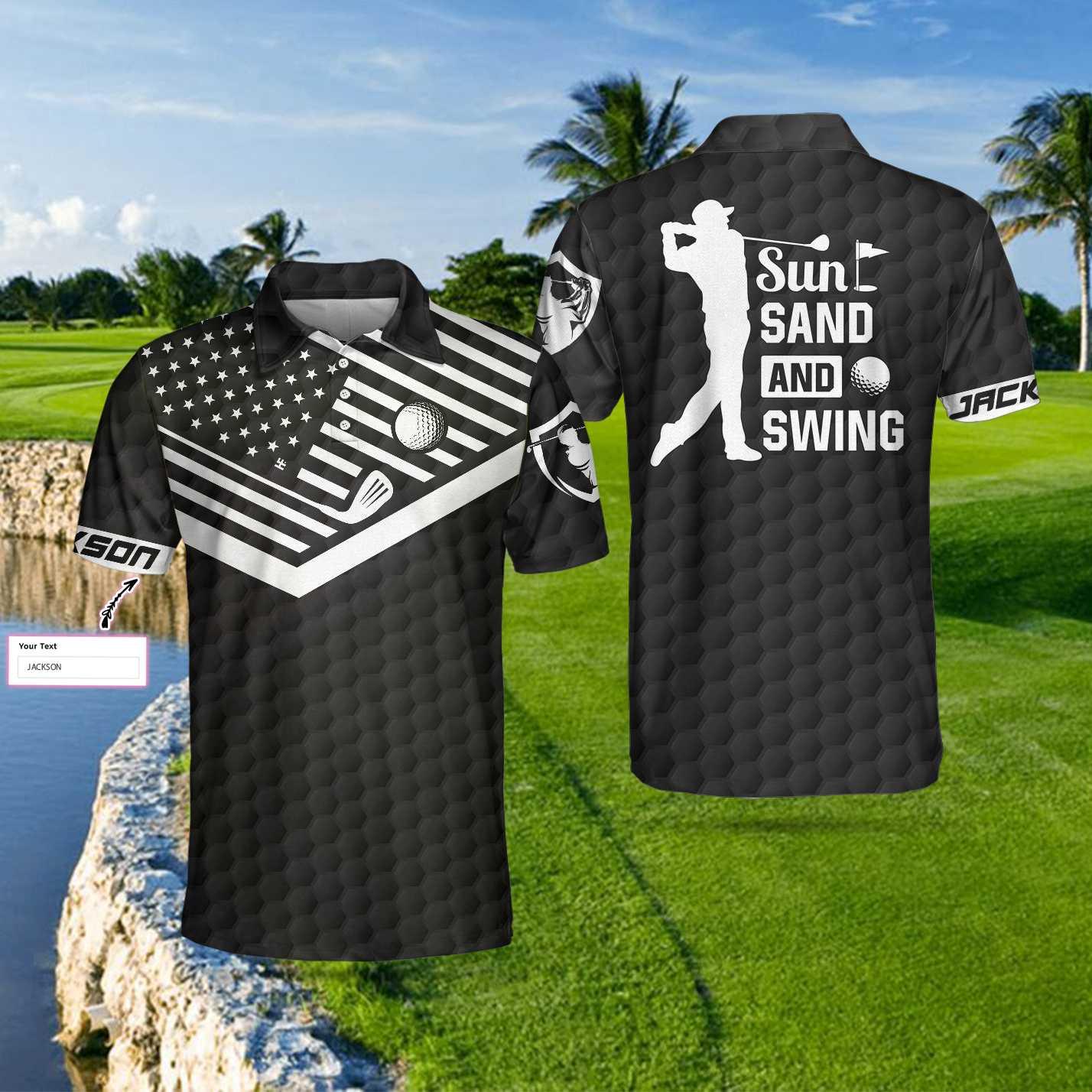 Men Golf Polo Shirt - Sun Sand and Swing Custom Polo Shirt, Personalized Black American Flag Golf Shirt - Perfect Gift For Men, Golf Lover - Image 5
