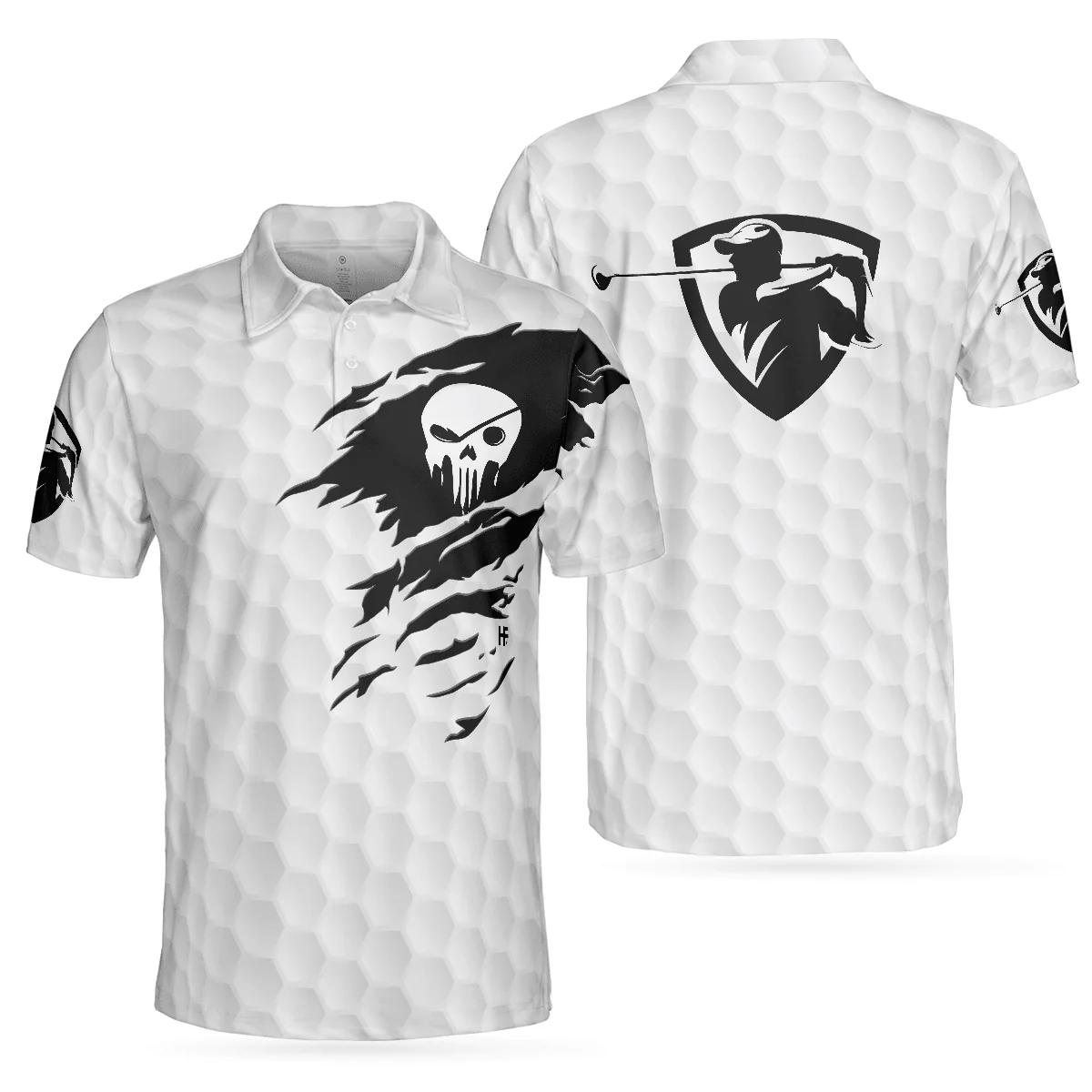 Men Golf Polo Shirt - The Golf Skull Men Golf Polo Shirt, Black And White Golf Pattern Ripped Skull Polo Shirt, Best Golf Shirt For Men