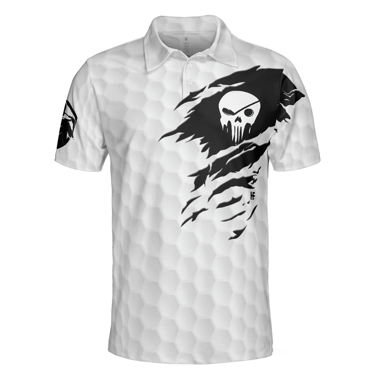 Men Golf Polo Shirt - The Golf Skull Men Golf Polo Shirt, Black And White Golf Pattern Ripped Skull Polo Shirt, Best Golf Shirt For Men - Image 3
