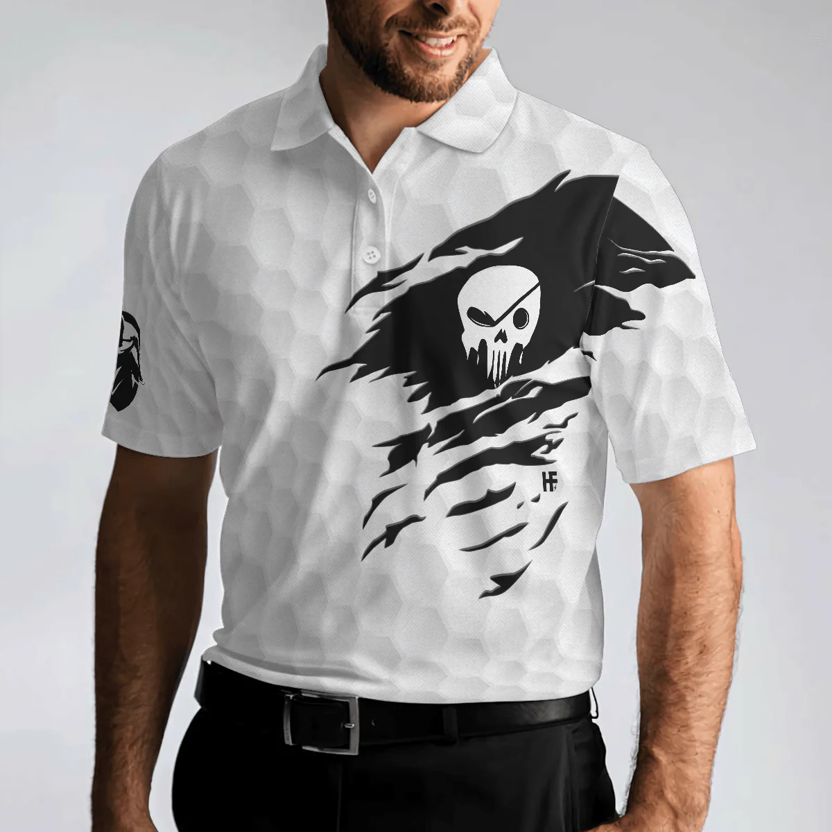 Men Golf Polo Shirt - The Golf Skull Men Golf Polo Shirt, Black And White Golf Pattern Ripped Skull Polo Shirt, Best Golf Shirt For Men - Image 4