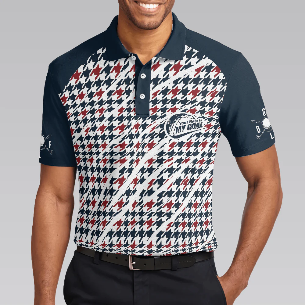 Men Golf Polo Shirt - Trendy Red & Blue Houndstooth Pattern Golf Shirt, Your Hole Is My Goal Polo Shirt - Perfect Gift For Men - Image 4