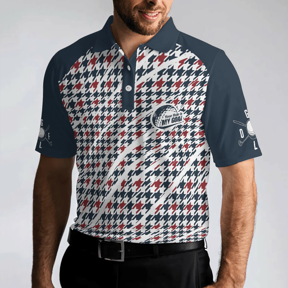 Men Golf Polo Shirt - Trendy Red & Blue Houndstooth Pattern Golf Shirt, Your Hole Is My Goal Polo Shirt - Perfect Gift For Men - Image 5