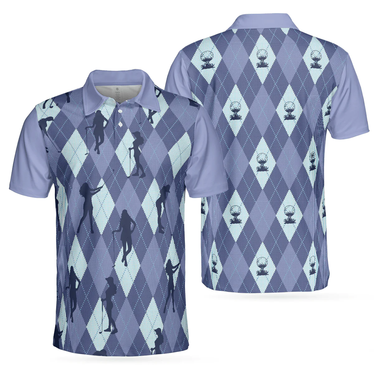 Men Golf Polo Shirt - Vintage Blue Palatte Girl Golf Polo Shirt,Argyle Pattern Girl Golfer Silhouette Polo Shirt,Fun Golf Shirt - Perfect Gift For Men