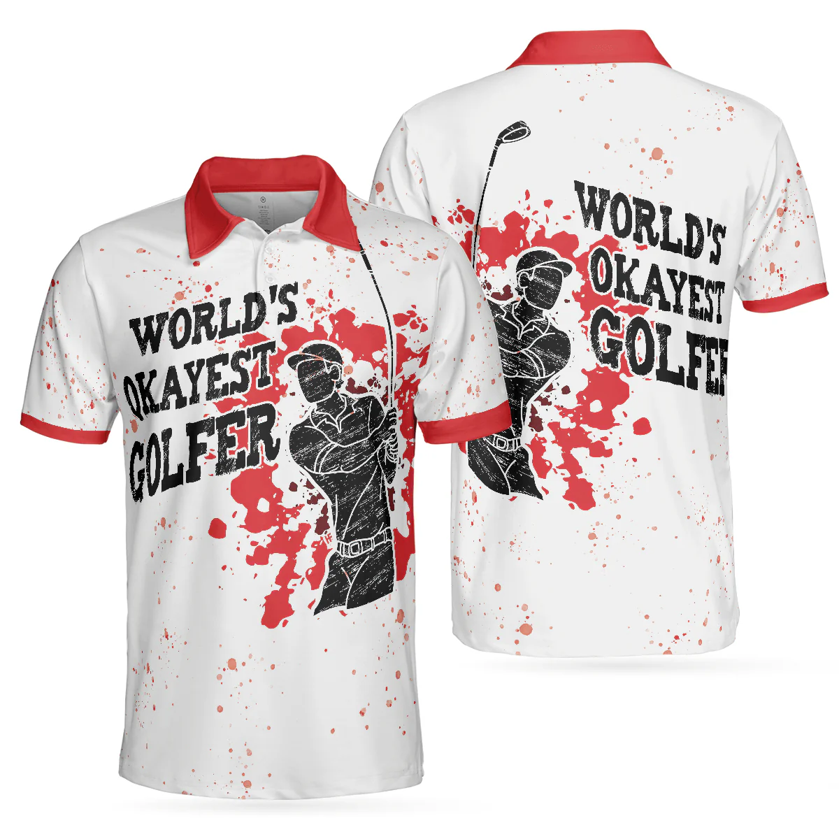 Men Golf Polo Shirt - World's Okayest Golfer Golf Polo Shirt, Red Paint Splash Black Golfer Silhouette Polo Shirt, Best Golf Shirt For Men