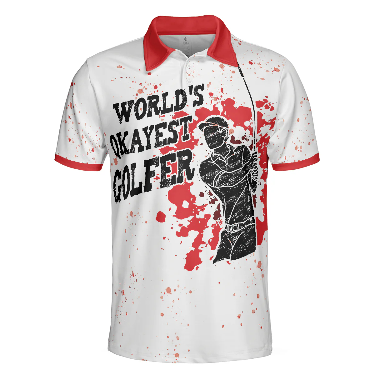 Men Golf Polo Shirt - World's Okayest Golfer Golf Polo Shirt, Red Paint Splash Black Golfer Silhouette Polo Shirt, Best Golf Shirt For Men - Image 3
