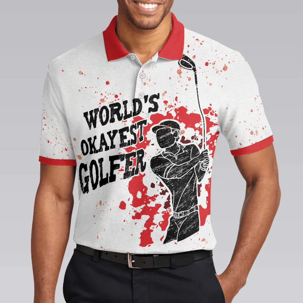 Men Golf Polo Shirt - World's Okayest Golfer Golf Polo Shirt, Red Paint Splash Black Golfer Silhouette Polo Shirt, Best Golf Shirt For Men - Image 5