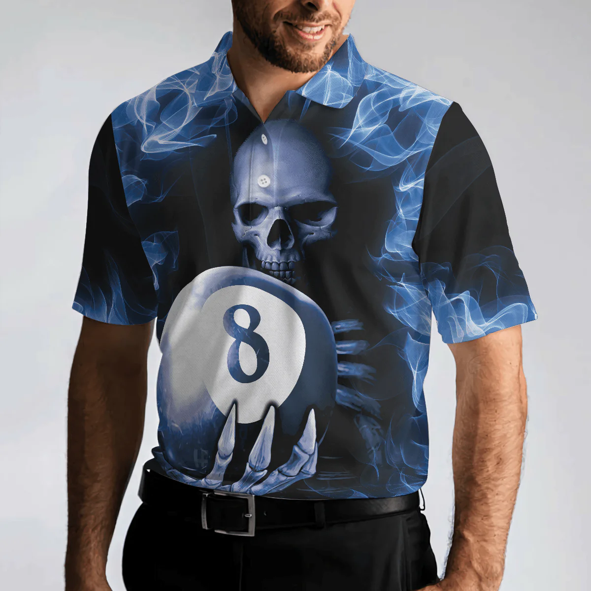 Men Polo Shirt - Billiards Murder Polo Shirt, Blue Flame Billiards Shirt Design - Skull Eight Ball Billiards Shirt For Men - Image 5
