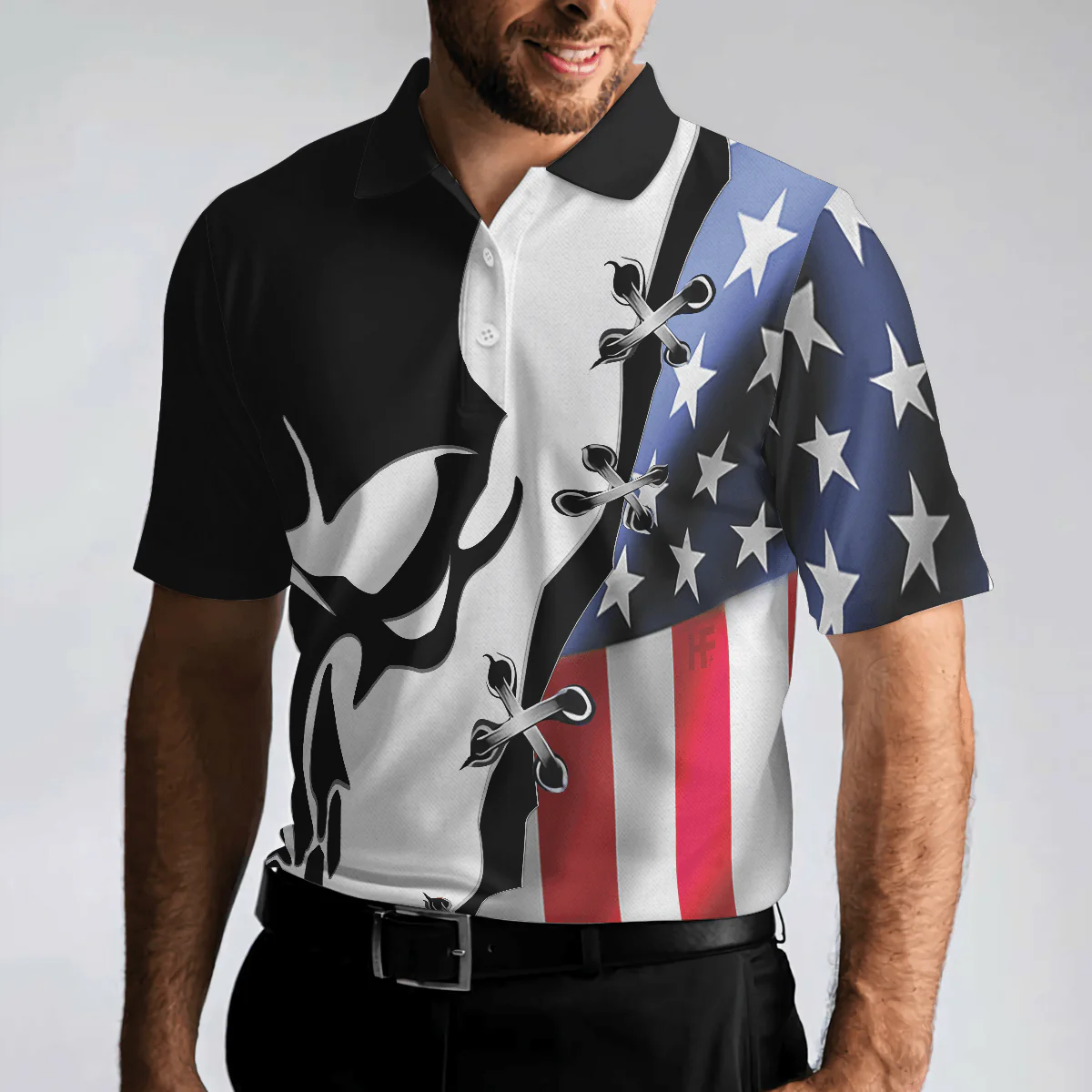 Men Polo Shirt - Black Skull Billiards Short Sleeve Polo Shirt, American Flag Polo Shirt, Best Billiards Shirt For Men - Image 4