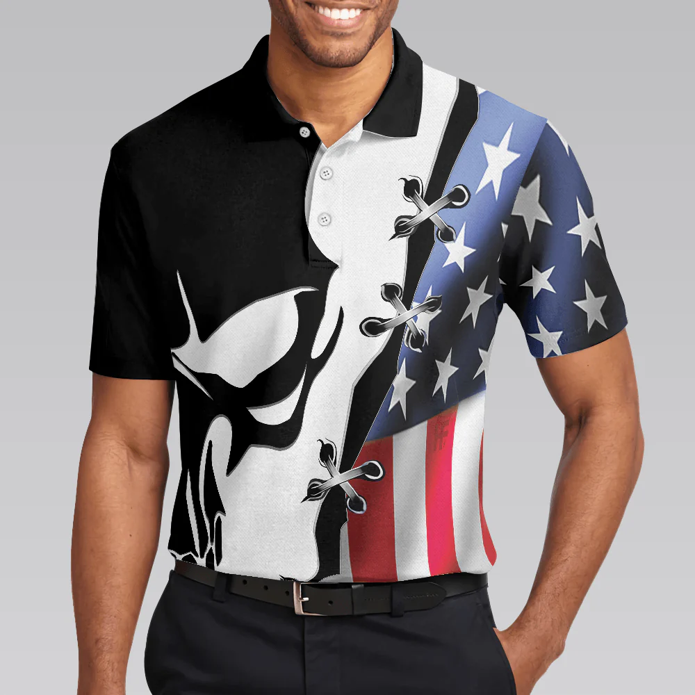 Men Polo Shirt - Black Skull Billiards Short Sleeve Polo Shirt, American Flag Polo Shirt, Best Billiards Shirt For Men - Image 5
