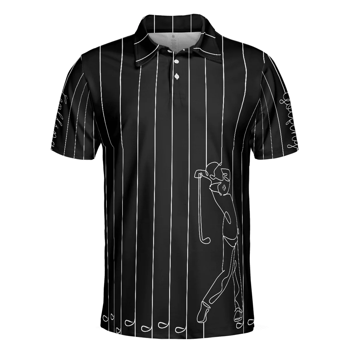 Men Polo Shirt - Black & White Single Line Continuous Golfer Shirt Polo Shirt, Vertical Lines Golfing Polo Shirt, Best Golf Shirt For Men - Image 3
