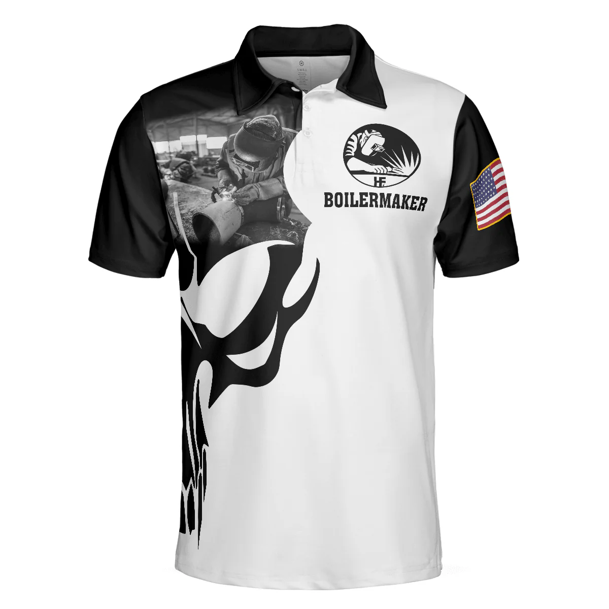 Men Polo Shirt - Boilermaker Proud Black And White Short Sleeve Skull Polo Shirt, Best Boilermaker Shirt For Men - Image 3