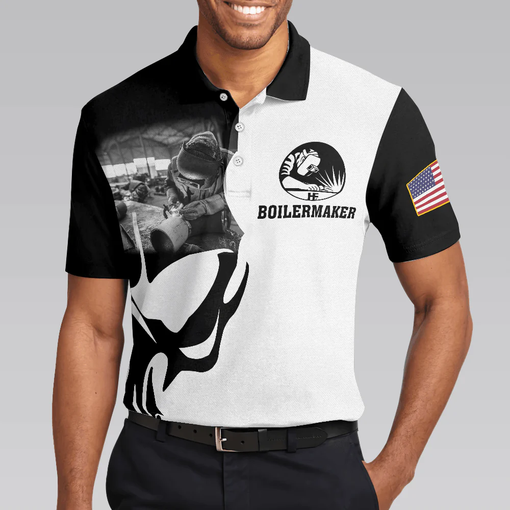 Men Polo Shirt - Boilermaker Proud Black And White Short Sleeve Skull Polo Shirt, Best Boilermaker Shirt For Men - Image 4