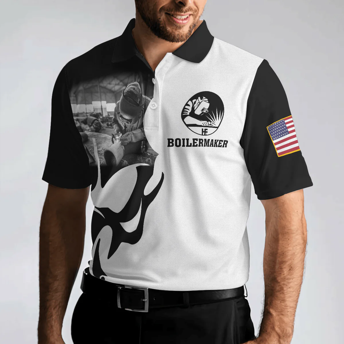 Men Polo Shirt - Boilermaker Proud Black And White Short Sleeve Skull Polo Shirt, Best Boilermaker Shirt For Men - Image 5