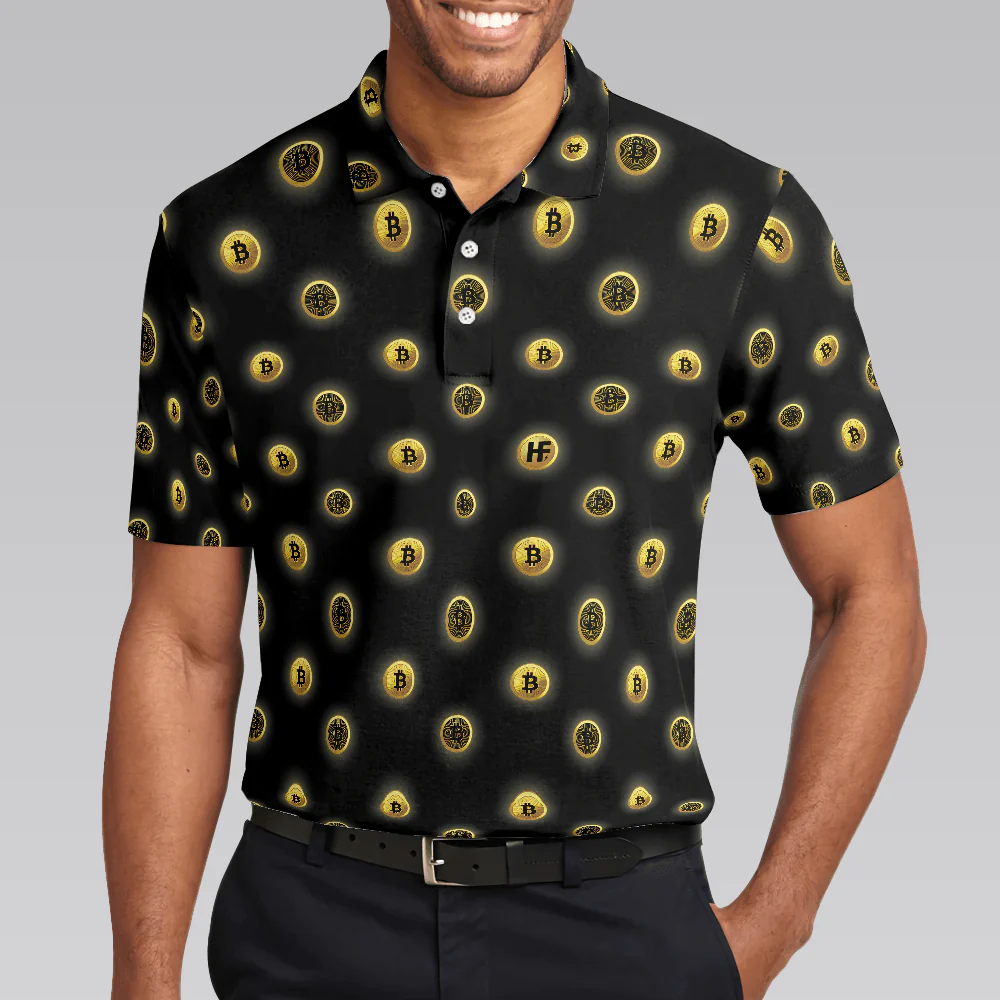 Men Polo Shirt - Golden Black Bitcoin Polo Shirt, Golden Cryptocurrency Polo Shirt For Traders, Best Bitcoin Themed Shirt For Men - Image 4