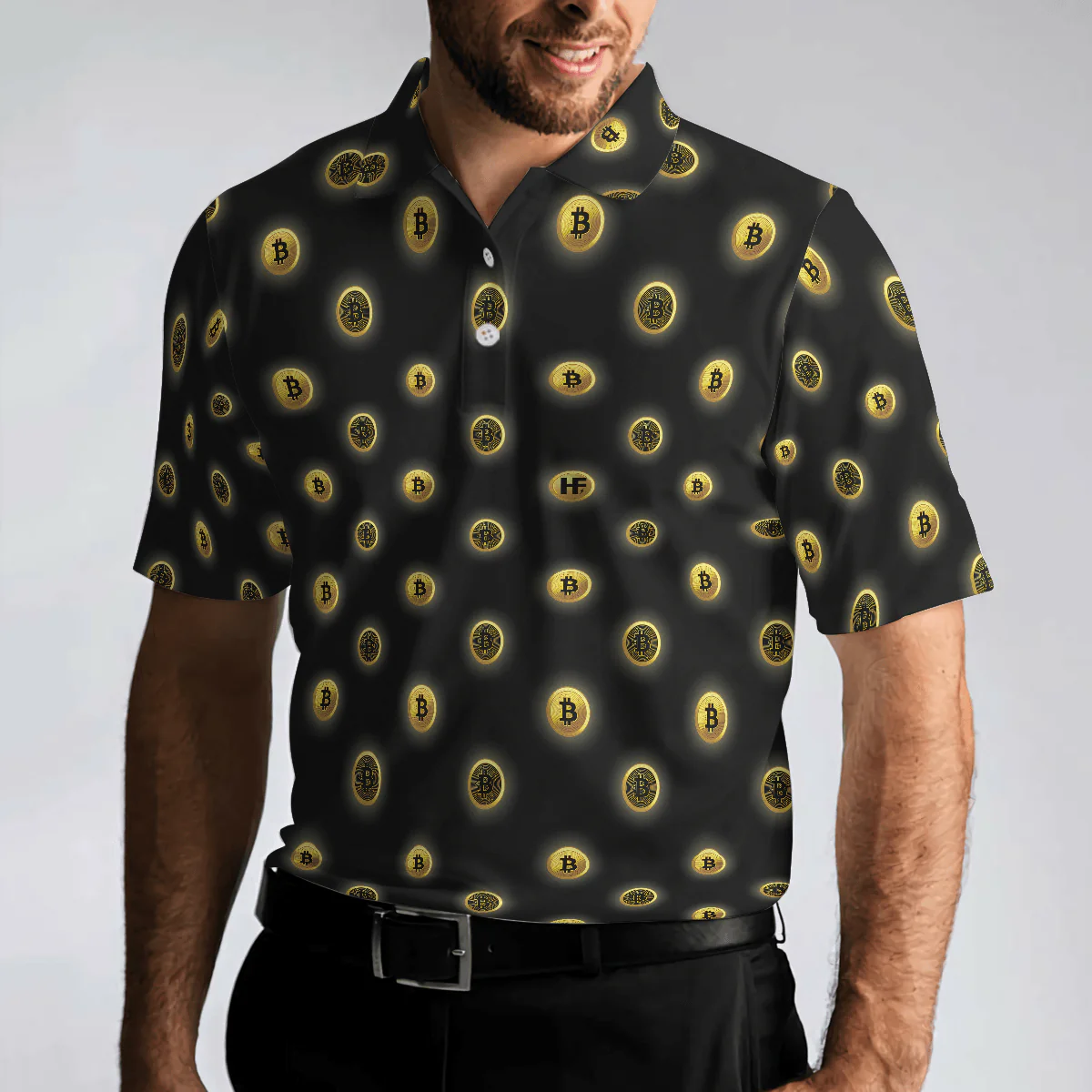 Men Polo Shirt - Golden Black Bitcoin Polo Shirt, Golden Cryptocurrency Polo Shirt For Traders, Best Bitcoin Themed Shirt For Men - Image 5