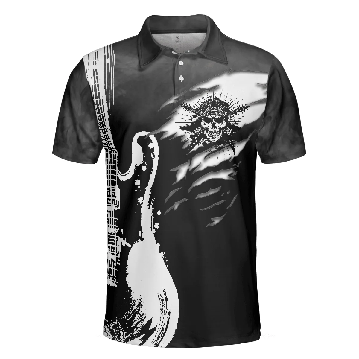 Men Polo Shirt - Guitar And Skull Men Polo Shirt, Streetwear Polo Shirt, Black And White Guitar Shirt For Men - Image 3