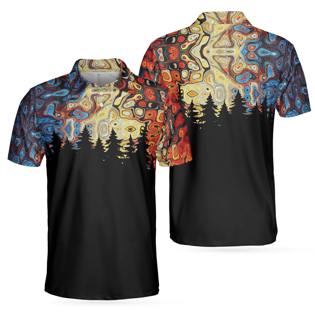 Men Polo Shirt - Sky Wavy Abstract Seamless Pattern Polo Shirt, Silhouette Pine Forest Polo Shirt, Black Golf Shirt For Men