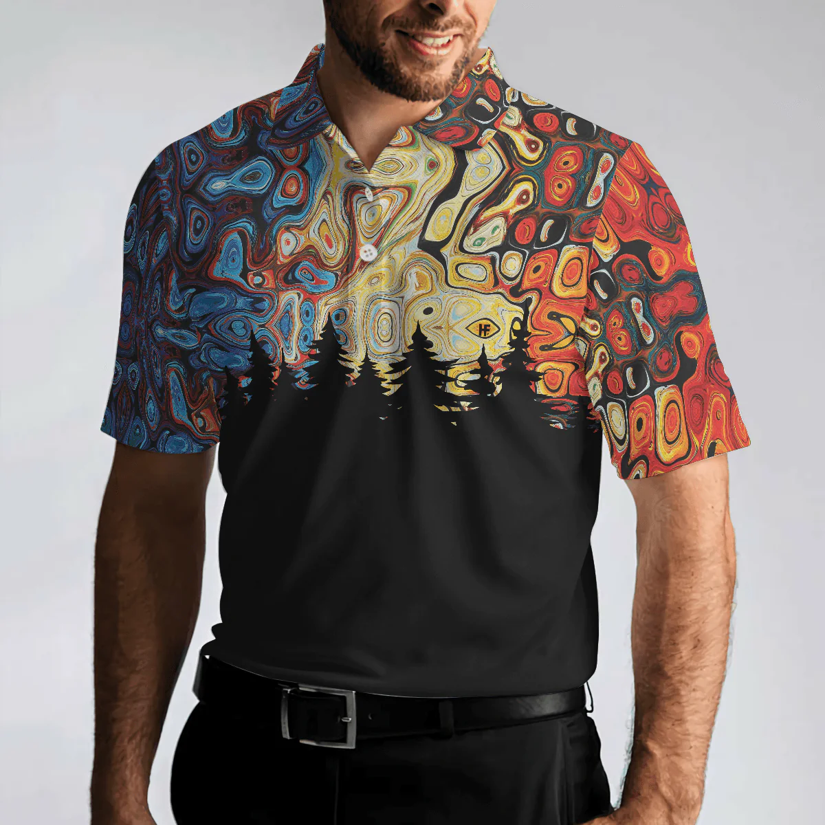 Men Polo Shirt - Sky Wavy Abstract Seamless Pattern Polo Shirt, Silhouette Pine Forest Polo Shirt, Black Golf Shirt For Men - Image 5