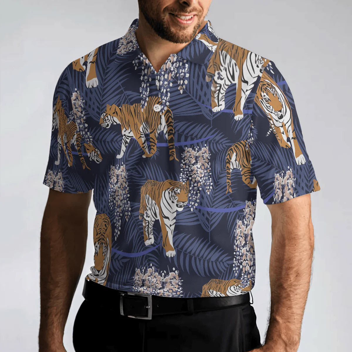 Men Polo Shirt - Tiger With Palm Leaves Tropical Tiger Polo Shirt, Tiger Shirt For Men, Gift For Tiger Lover - Perfect Gift For Men - Image 4