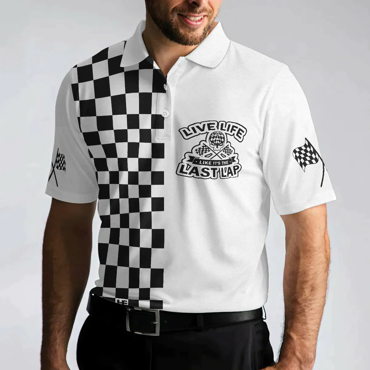 Men Racing Polo Shirt - Live Life Like It's The Last Lap Racing Polo Shirt, Black And White Racing Shirt For Men, Best Gift For Men - Image 5