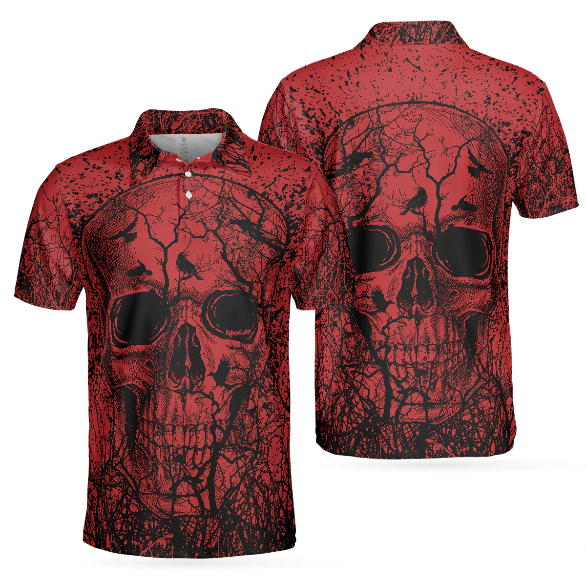 Men Skull Polo Shirt - Skull Crow Black And Red Polo Shirt, Dark Forrest Skull Crow Shirt For Men, Best Polo Shirt For Halloween - Perfect Gift For Men
