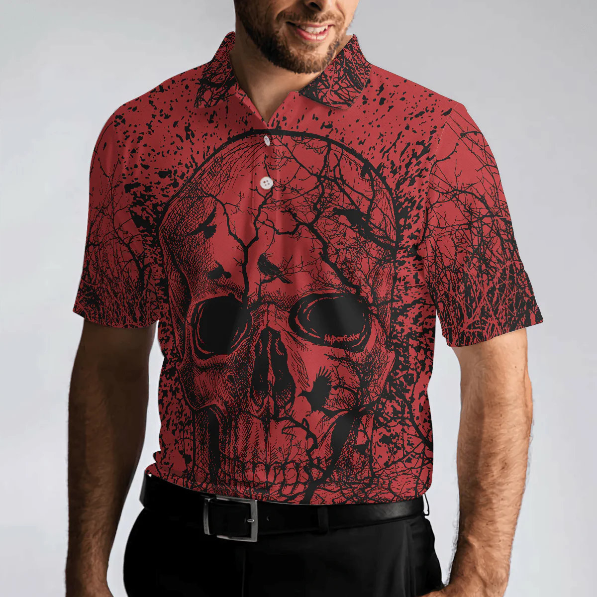 Men Skull Polo Shirt - Skull Crow Black And Red Polo Shirt, Dark Forrest Skull Crow Shirt For Men, Best Polo Shirt For Halloween - Perfect Gift For Men - Image 4