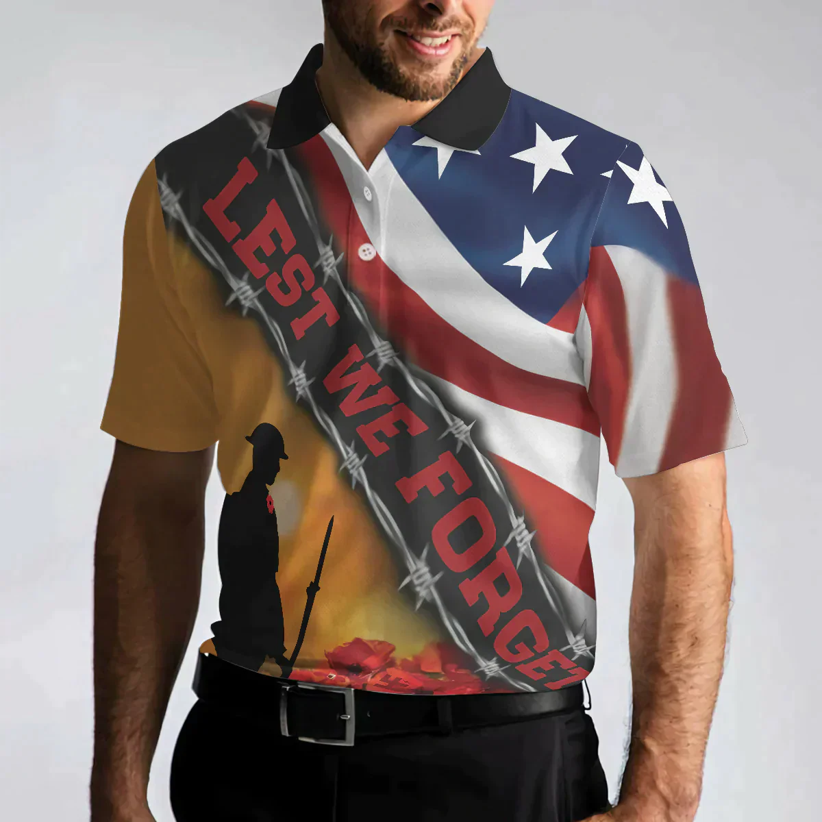 Men Veteran Polo Shirt - Cool American Flag Veteran Men Polo Shirt, Lest We Forget Veteran Polo Shirt, Meaningful Gift Idea For Veteransers - Image 4