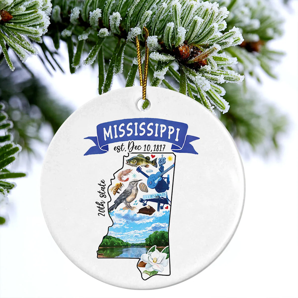 Mississippi Ceramic Christmas Ornament - Artistic Mississippi State Landmarks Circle Ceramic Ornament, Gift For Christmas, Holiday Decor - Image 2