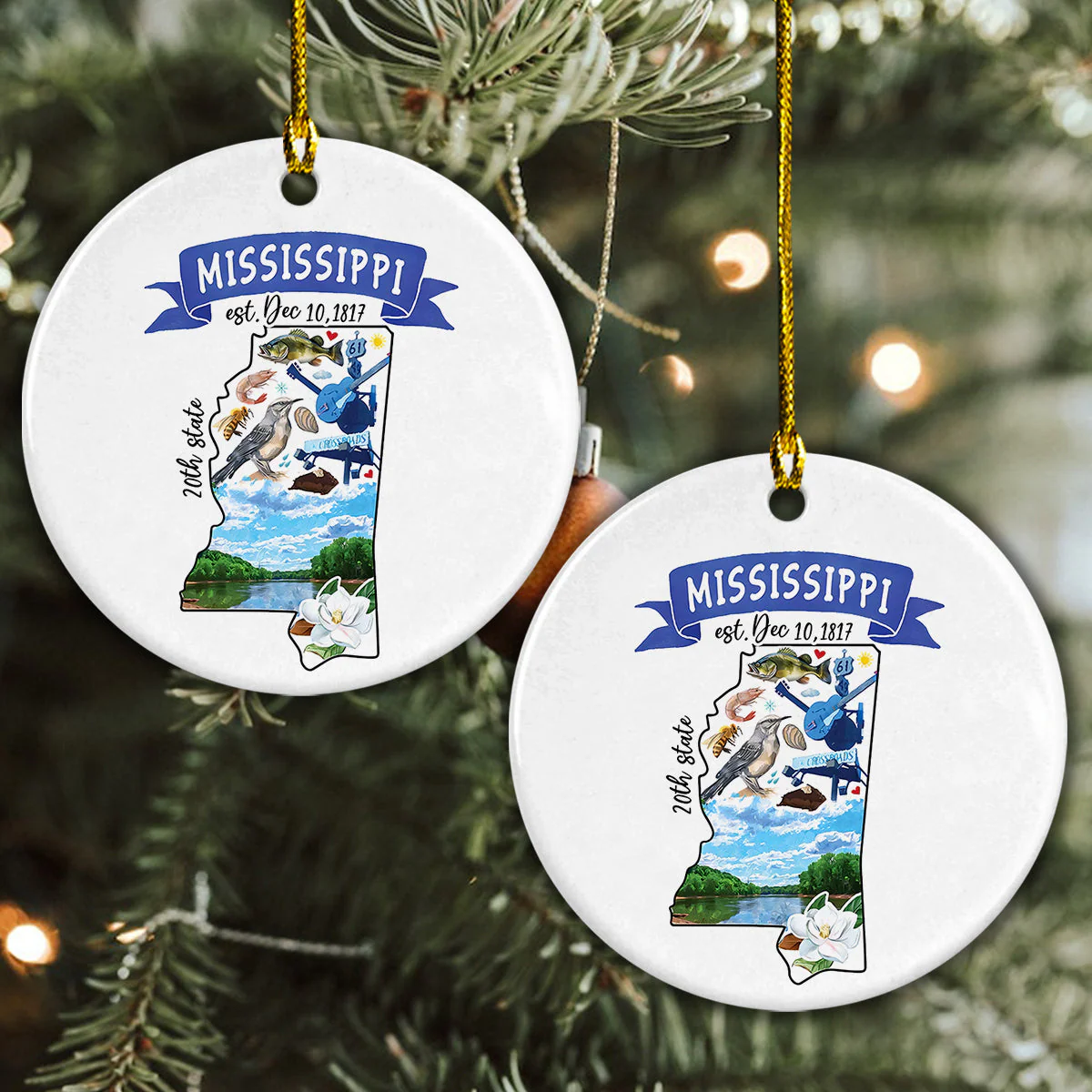 Mississippi Ceramic Christmas Ornament - Artistic Mississippi State Landmarks Circle Ceramic Ornament, Gift For Christmas, Holiday Decor - Image 3