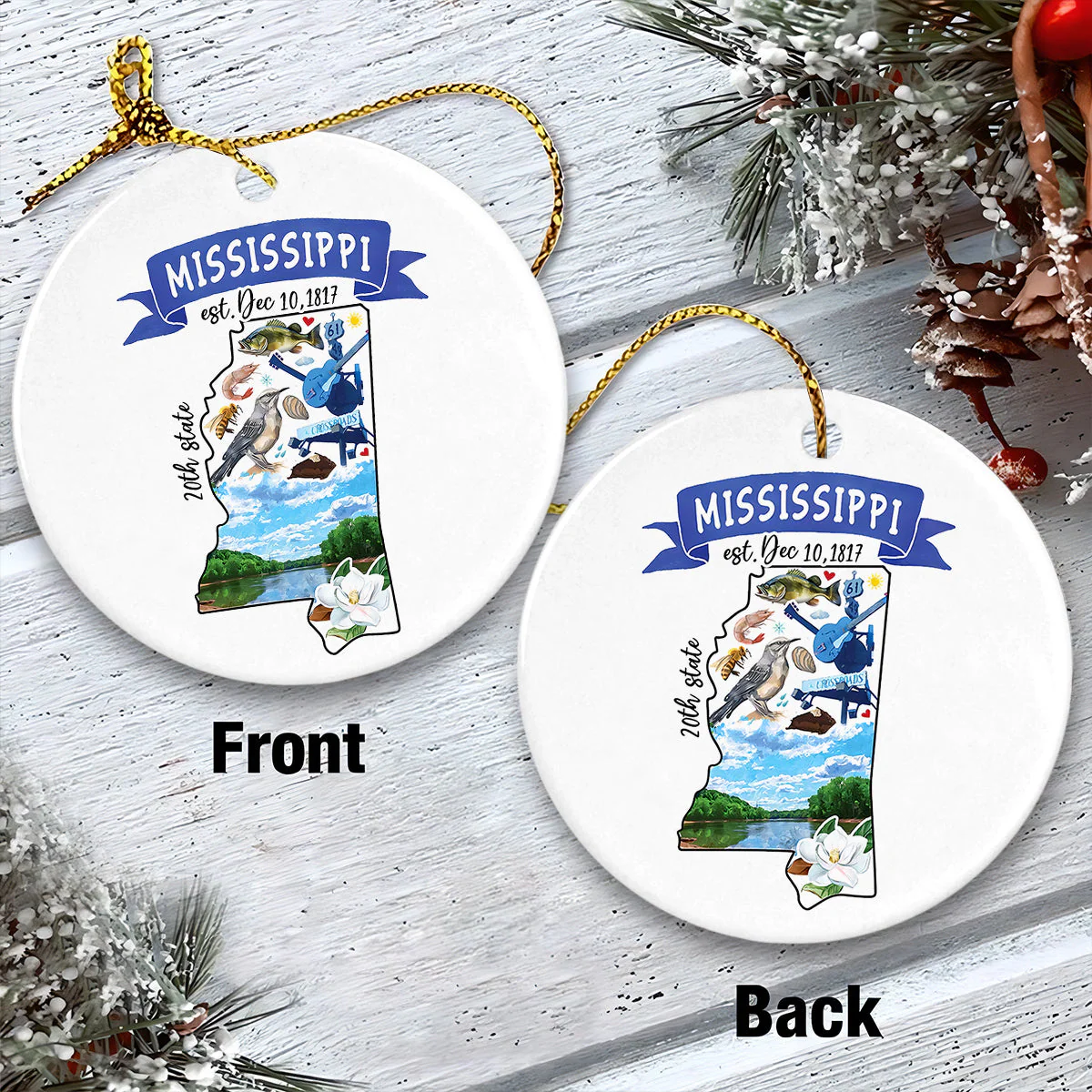 Mississippi Ceramic Christmas Ornament - Artistic Mississippi State Landmarks Circle Ceramic Ornament, Gift For Christmas, Holiday Decor - Image 4