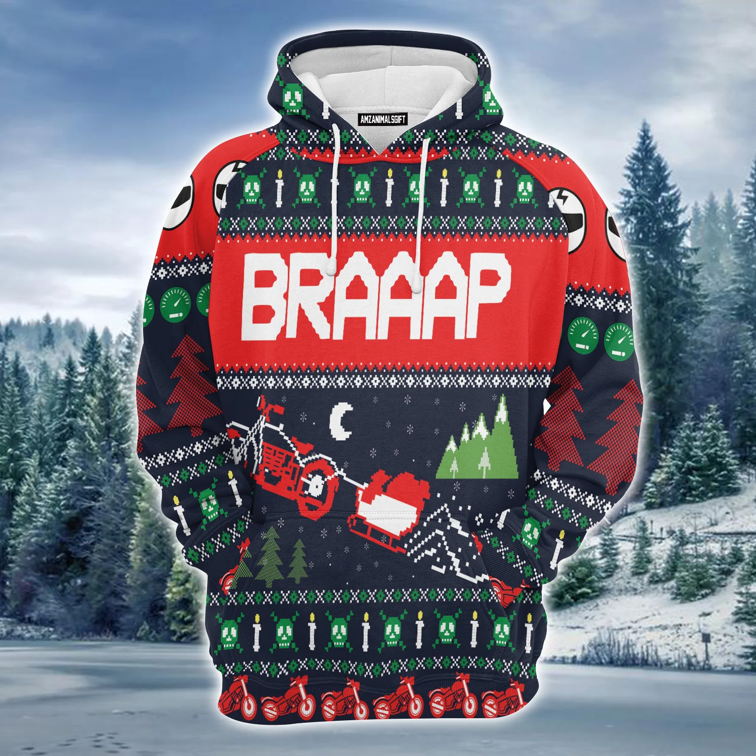 Motorbike Braaap Premium Christmas Hoodie, Skull Christmas Pattern Unisex Hoodie For Men & Women - Perfect Gift For Christmas, Friends, Family - Image 2