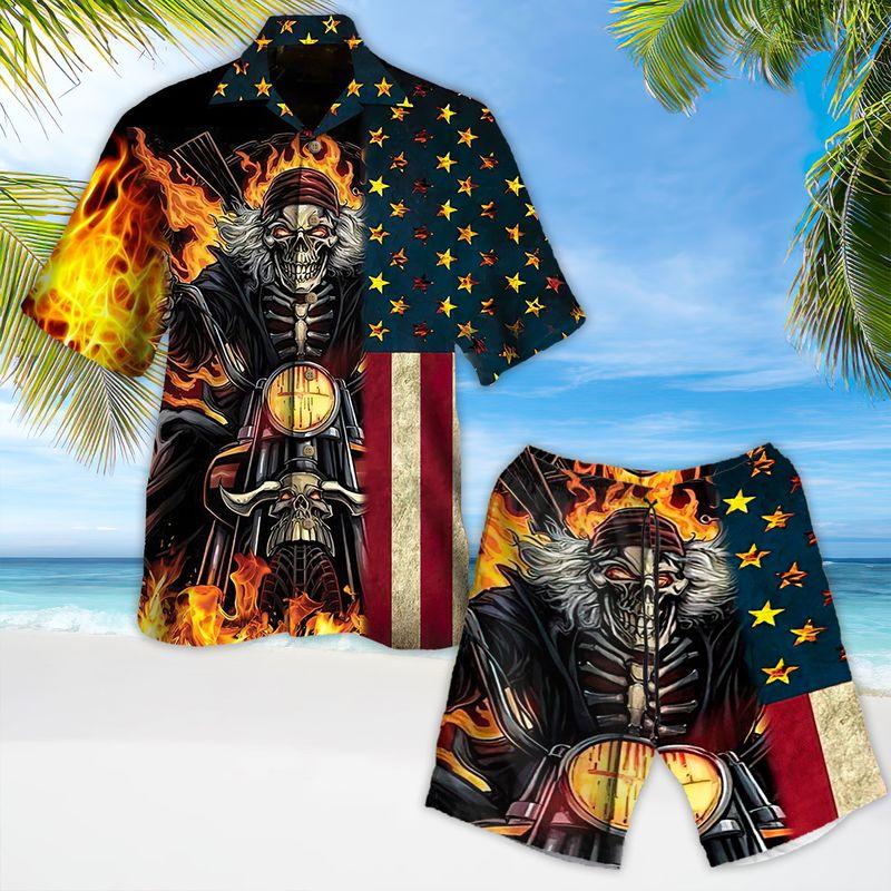 Motorcycle Aloha Hawaiian Shirts For Summer, Fire Skull Biker American Flag Hawaiian Set For Men Women, Gift For Racing Motorcycle Lovers, Friend