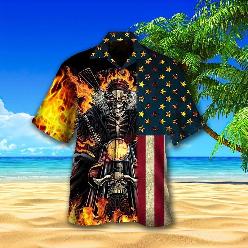 Motorcycle Aloha Hawaiian Shirts For Summer, Fire Skull Biker American Flag Hawaiian Set For Men Women, Gift For Racing Motorcycle Lovers, Friend - Image 2