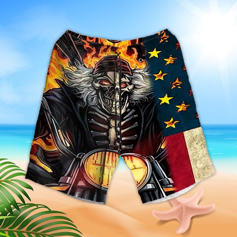 Motorcycle Aloha Hawaiian Shirts For Summer, Fire Skull Biker American Flag Hawaiian Set For Men Women, Gift For Racing Motorcycle Lovers, Friend - Image 3