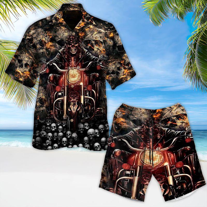 Motorcycle Aloha Hawaiian Shirts For Summer, Skeleton Rider, Skull Pattern Background Hawaiian Set For Men Women, Gift For Racing Motorcycle Lovers