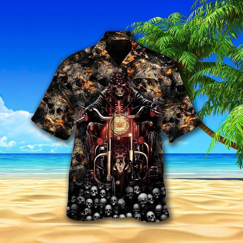 Motorcycle Aloha Hawaiian Shirts For Summer, Skeleton Rider, Skull Pattern Background Hawaiian Set For Men Women, Gift For Racing Motorcycle Lovers - Image 2