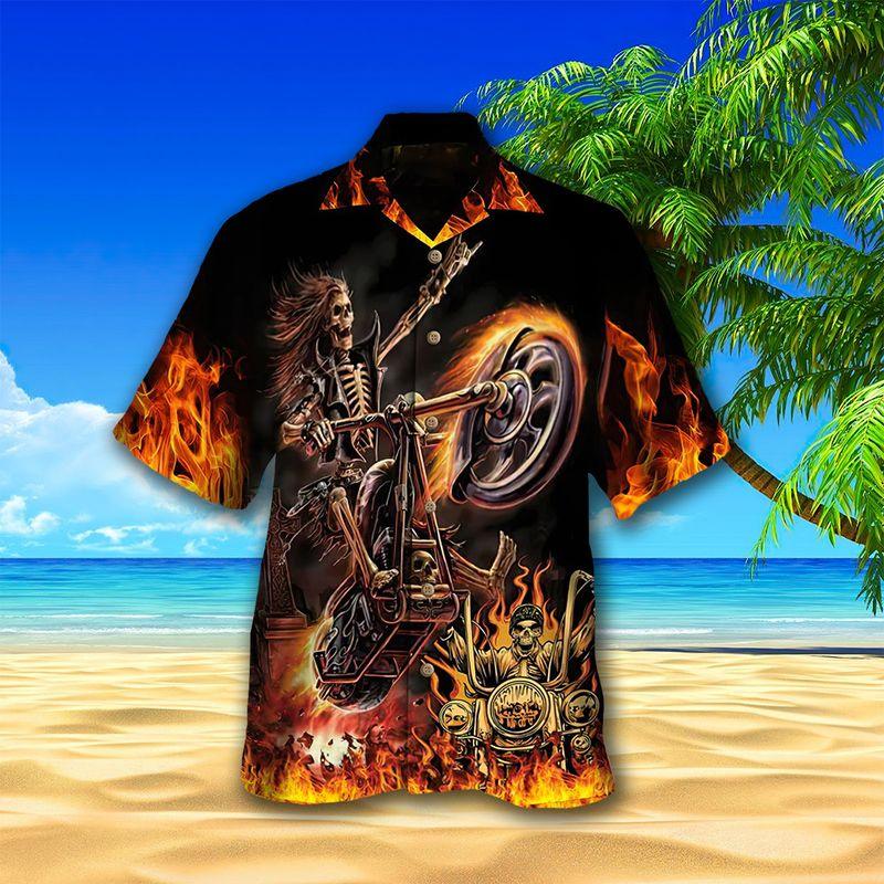 Motorcycle Aloha Hawaiian Shirts For Summer, Skeleton Rock Star Riding Skull Racing Hawaiian Set For Men Women, Gift For Friend, Motorcycle Lovers - Image 2