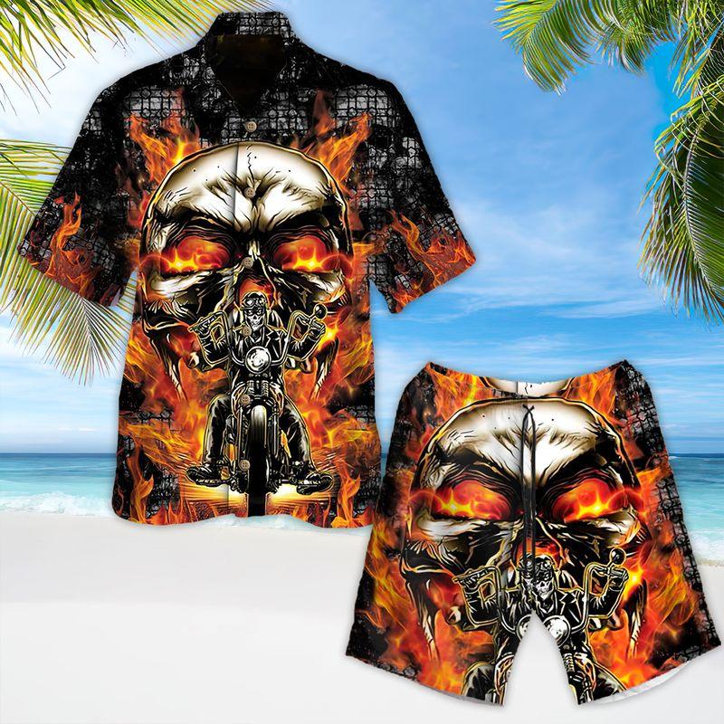 Motorcycle Aloha Hawaiian Shirts For Summer, Skeleton Skull Flaming Hawaiian Set For Men Women, Gift For Racing Motorcycle Lovers, Racer From Hell