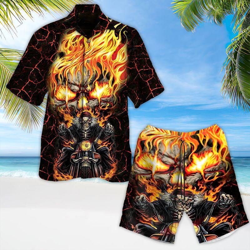 Motorcycle Aloha Hawaiian Shirts For Summer, Skull Flame Hawaiian Set Outfits For Men Women, Gift For Friend, Team, Racing Motorcycle Lovers