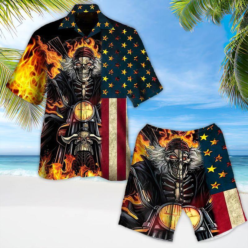 Motorcycle Aloha Hawaiian Shirts For Summer, Skull On Fire American Flag Hawaiian Set For Men Women, Gift For Speed Lovers, Racing Motorcycle Lovers