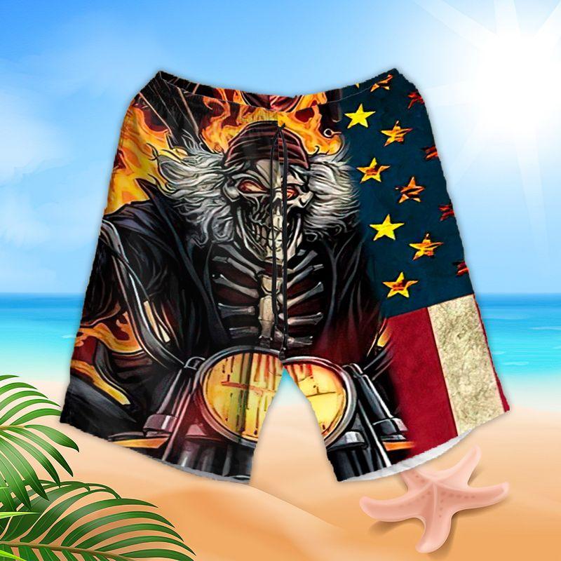 Motorcycle Aloha Hawaiian Shirts For Summer, Skull On Fire American Flag Hawaiian Set For Men Women, Gift For Speed Lovers, Racing Motorcycle Lovers - Image 3