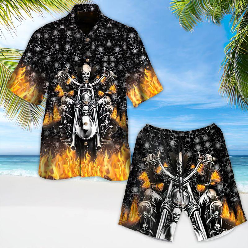 Motorcycle Aloha Hawaiian Shirts For Summer, Skull On Fire Skull Pattern Hawaiian Set For Men Women, Gift For Speed Lovers, Racing Motorcycle Lovers